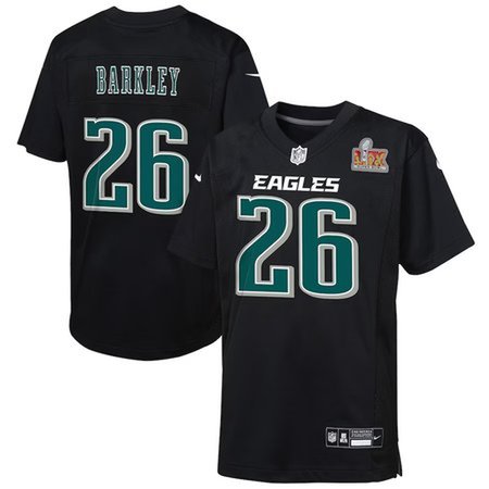 Youth Philadelphia Eagles #26 Saquon Barkley Carbon Black Super Bowl LIX Patch Fashion Game Player Jersey